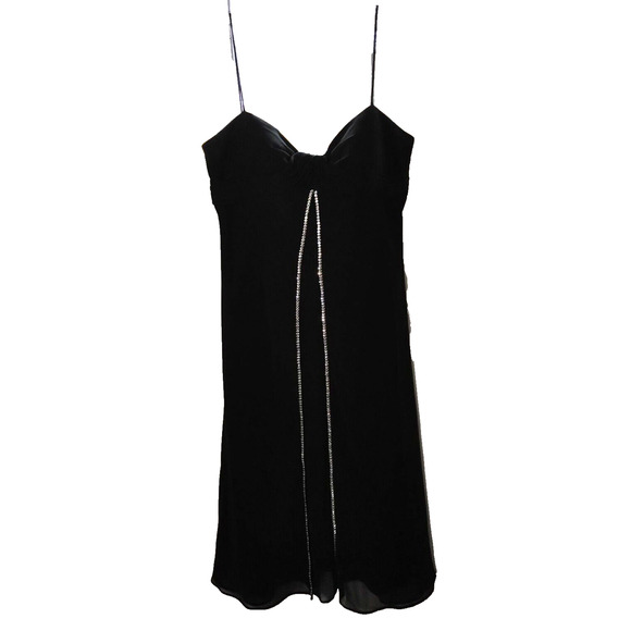 SL Fashions Black Spaghetti Strap Cocktail Dress Sz 10 Rhinestones Sheer Overlay - Picture 1 of 9